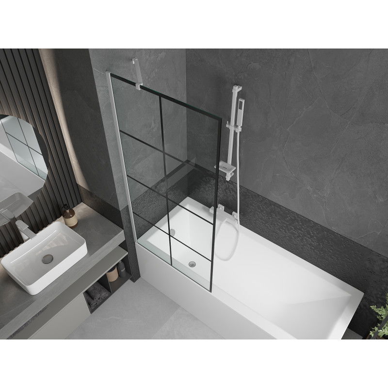 Mexen Next 1-panel bath screen 80 x 150 cm, black grid, white - 895-080-000-00-77-20