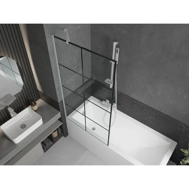 Mexen Next single-wing bath screen 90 x 150 cm, black grid, white - 895-090-000-00-77-20