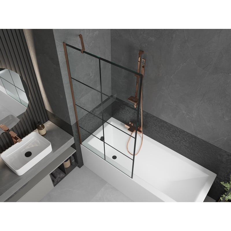 Mexen Next 1-panel bathtub screen 90 x 150 cm, black grid, rose gold - 895-090-000-00-77-60