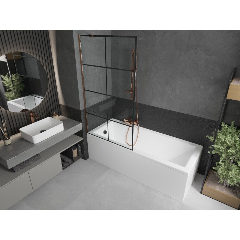 Mexen Next 1-panel bathtub screen 90 x 150 cm, black grid, rose gold - 895-090-000-00-77-60