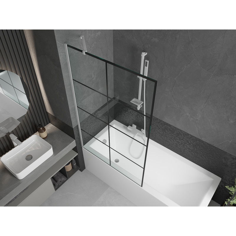 Mexen Next 1-panel bathtub screen 100 x 150 cm, black grid, white - 895-100-000-00-77-20