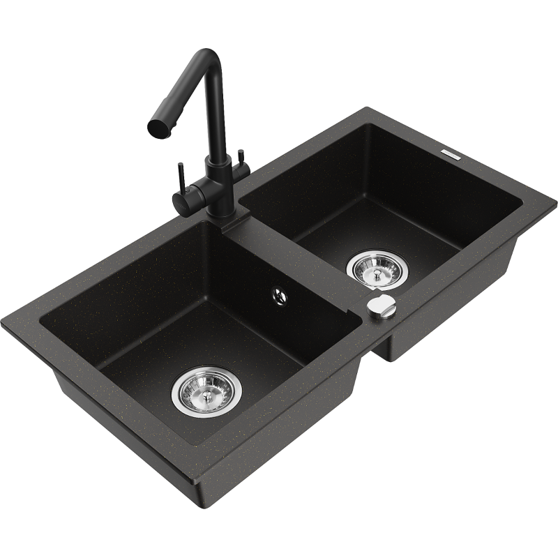 Mexen Mario 2-compartment granite sink with a kitchen mixer tap Duero, Black/Gold metallic - 6504-75-671600-70