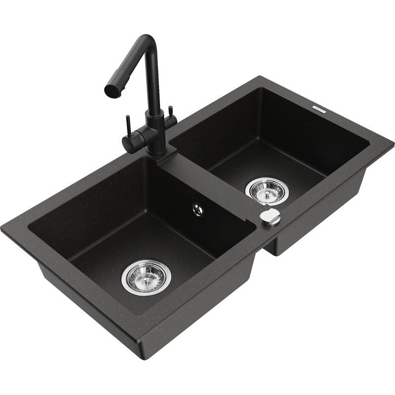 Mexen Mario granite double bowl kitchen sink with Duero faucet, black/gold metallic - 6504-75-671600-70