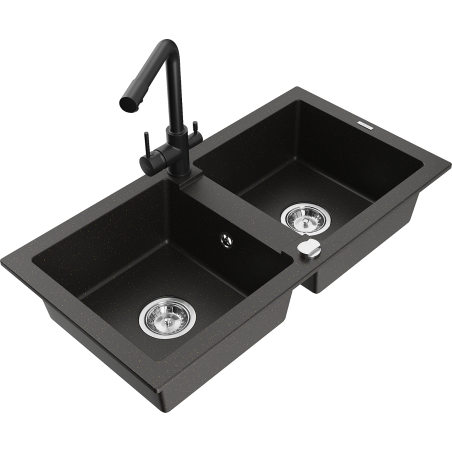 Mexen Mario granite 2-bowl kitchen sink with Duero faucet, black/gold metallic - 6504-75-671600-70