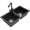 Mexen Mario granite double bowl kitchen sink with Duero faucet, black/gold metallic - 6504-75-671600-70