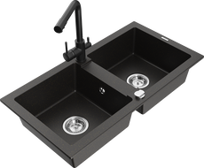 Mexen Mario granite double bowl kitchen sink with Duero faucet, black/gold metallic - 6504-75-671600-70