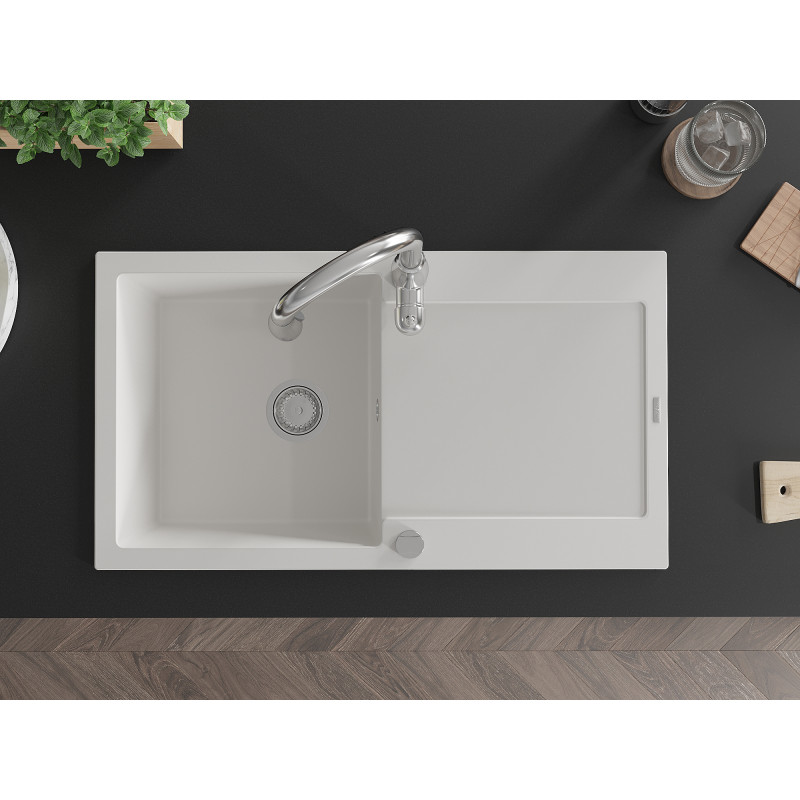 Mexen Leo granite kitchen sink 1-bowl with drainer and kitchen faucet Savita, white - 6501-20-672601-00
