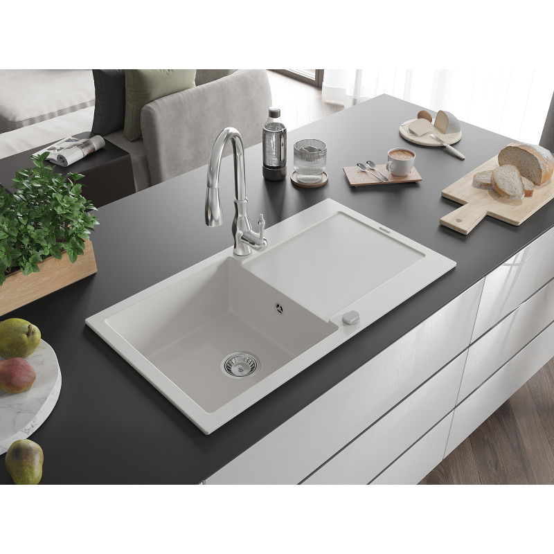 Mexen Leo 1-Bowl Granite Sink with Drainer and Savita Kitchen Tap, White - 6501-20-672601-00