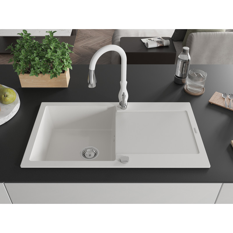 Mexen Leo granite kitchen sink with 1 bowl, drainer, and Savita kitchen faucet, white - 6501-20-672601-20