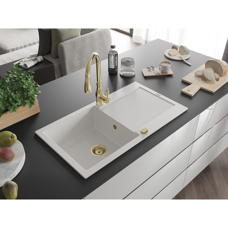 Mexen Leo granite kitchen sink 1-bowl with drainer and Savita kitchen faucet, white - 6501-20-672601-50