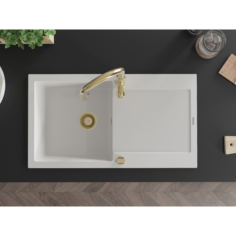Mexen Leo granite kitchen sink 1-bowl with drainer and Savita kitchen faucet, white - 6501-20-672601-50