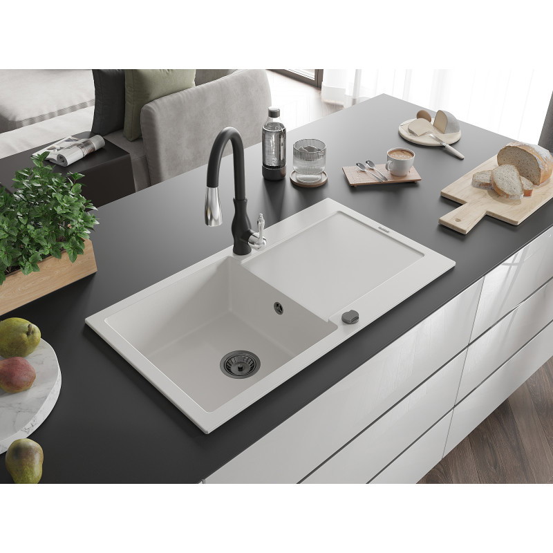 Mexen Leo granite kitchen sink 1-bowl with drainer and Savita kitchen faucet, white - 6501-20-672601-70