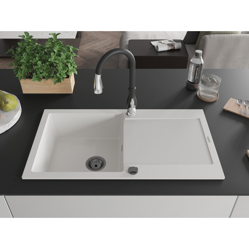 Mexen Leo granite kitchen sink 1-bowl with drainer and Savita kitchen faucet, white - 6501-20-672601-70