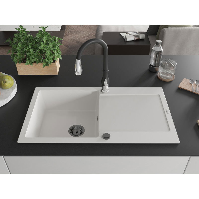 Mexen Leo granite sink 1-bowl with drainer and Savita kitchen tap, white - 6501-20-672601-70