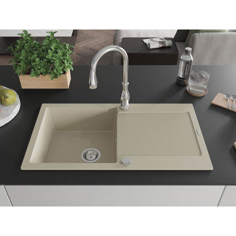 Mexen Leo single-bowl granite sink with drainer and Savita kitchen tap, beige - 6501-69-672601-00