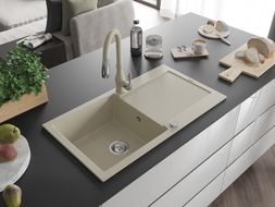 Mexen Leo Savita beige granite kitchen sink with one bowl, drainer, and faucet - 6501-69-672601-69