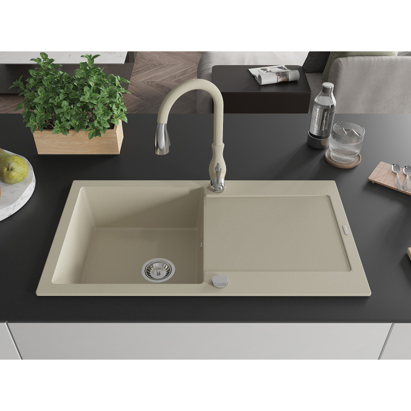 Mexen Leo granite kitchen sink 1-bowl with drainer and Savita kitchen faucet, beige - 6501-69-672601-69