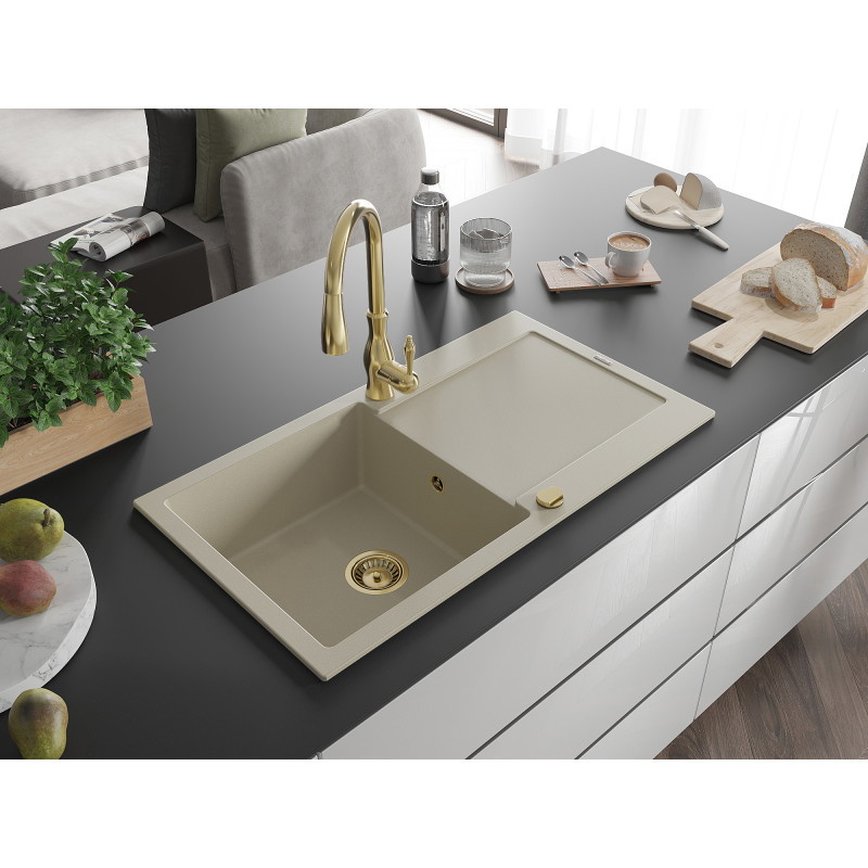 Mexen Leo granit sink single-bowl with drainer and kitchen faucet Savita, beige - 6501-69-672601-50