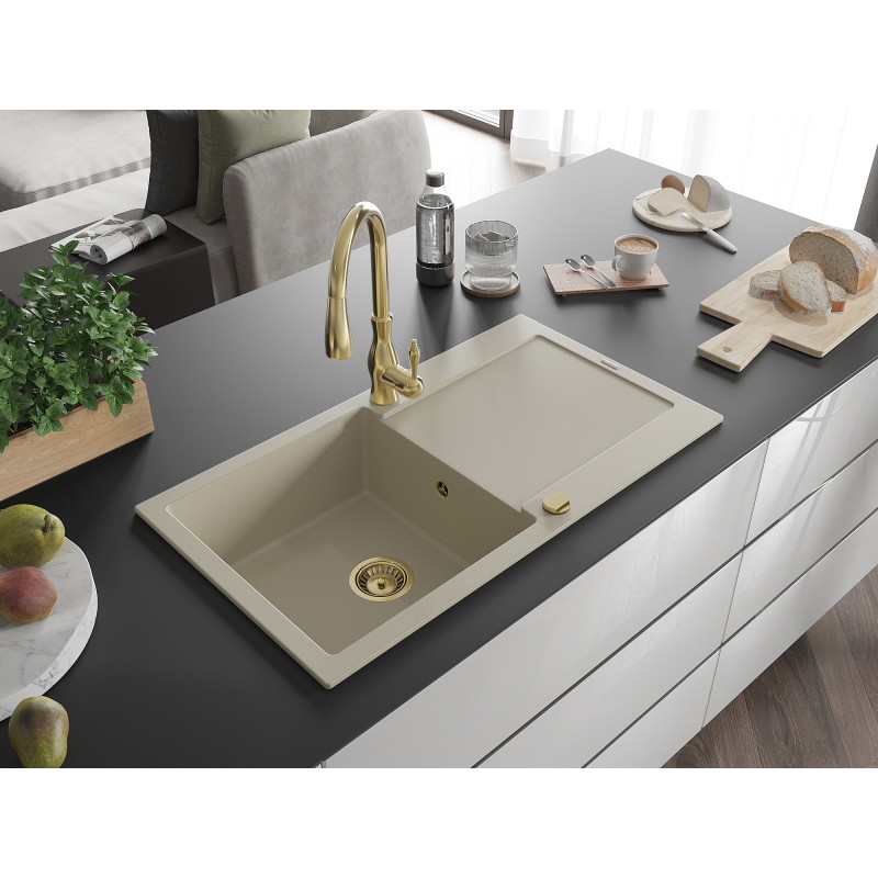 Mexen Leo granite kitchen sink 1-bowl with drainer and Savita kitchen faucet, beige - 6501-69-672601-50