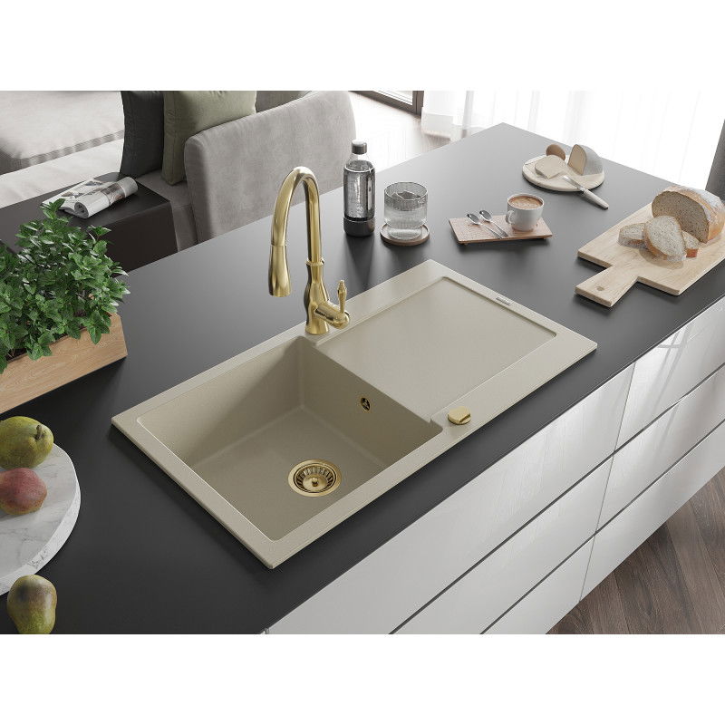 Mexen Leo granite sink 1-bowl with drainer and Savita kitchen tap, beige - 6501-69-672601-50