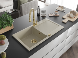 Mexen Leo 1-compartment granite sink with a drip tray and kitchen mixer tap Savita, Beige - 6501-69-672601-50