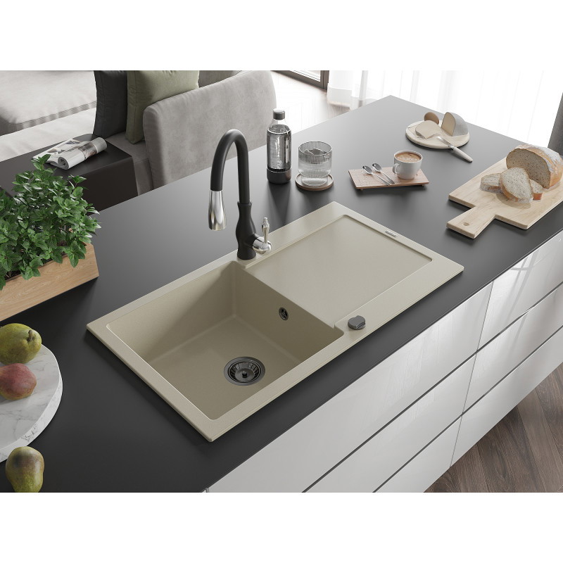 Mexen Leo granite kitchen sink 1-bowl with drainer and Savita kitchen faucet, beige - 6501-69-672601-70