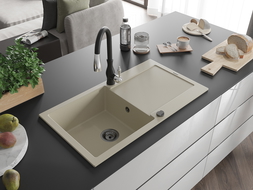 Mexen Leo 1-bowl granite sink with drainer and Savita kitchen tap, beige - 6501-69-672601-70