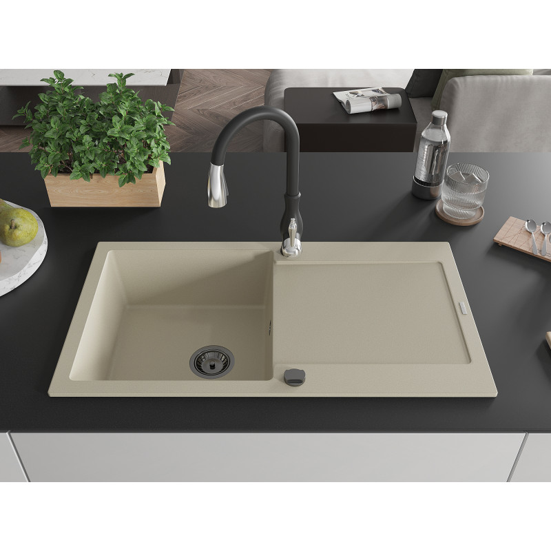 Mexen Leo granite kitchen sink 1-bowl with drainer and Savita kitchen faucet, beige - 6501-69-672601-70