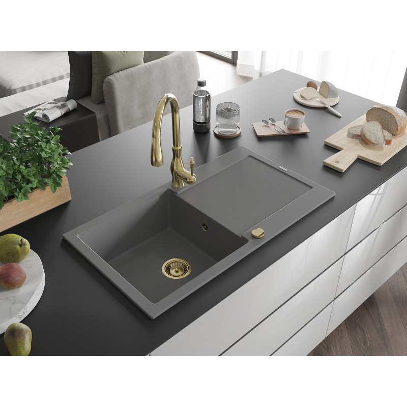 Mexen Leo granite kitchen sink 1-bowl with drainer and kitchen faucet Savita, gray - 6501-71-672601-50