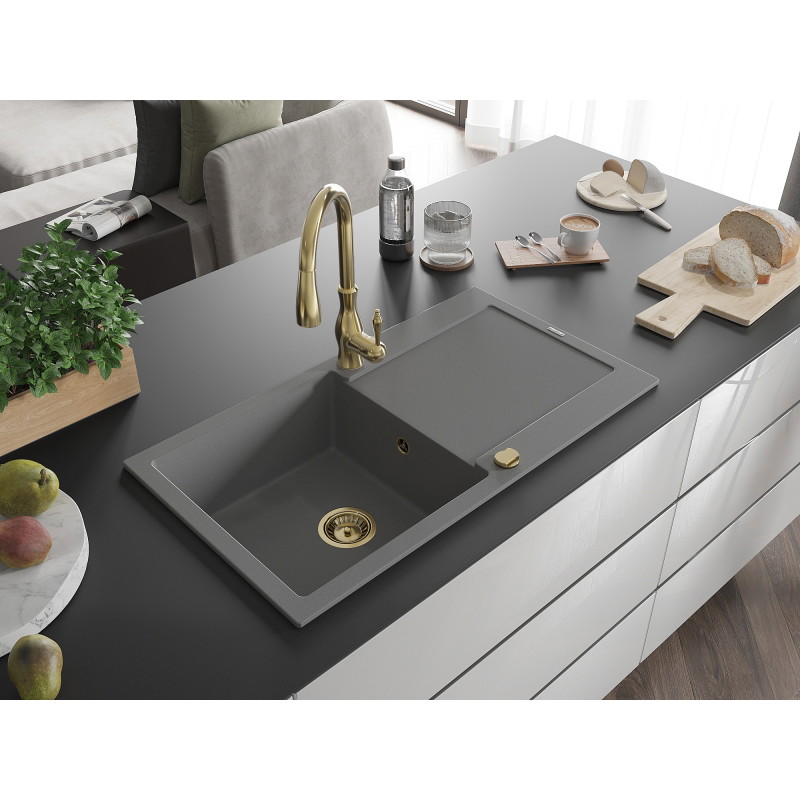 Mexen Leo Savita granite kitchen sink 1-bowl with drainer and kitchen faucet, gray - 6501-71-672601-50