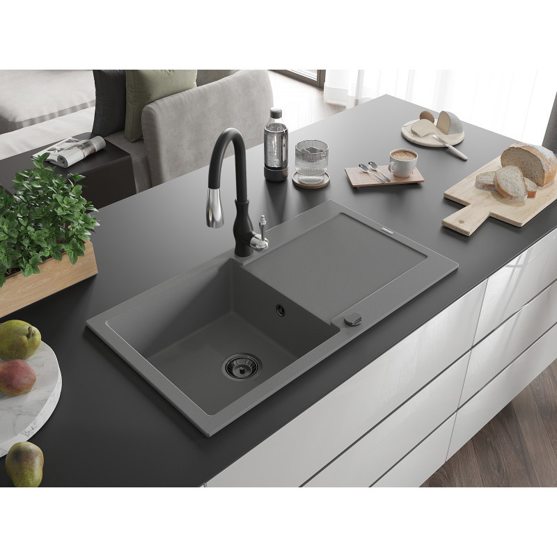 Mexen Leo granite sink single-bowl with drainer and Savita kitchen faucet, gray - 6501-71-672601-70-B
