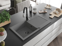 Mexen Leo granite kitchen sink 1-bowl with drainer and Savita kitchen tap, grey - 6501-71-672601-70-B