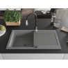 Mexen Leo granite sink single-bowl with drainer and Savita kitchen faucet, gray - 6501-71-672601-70-B