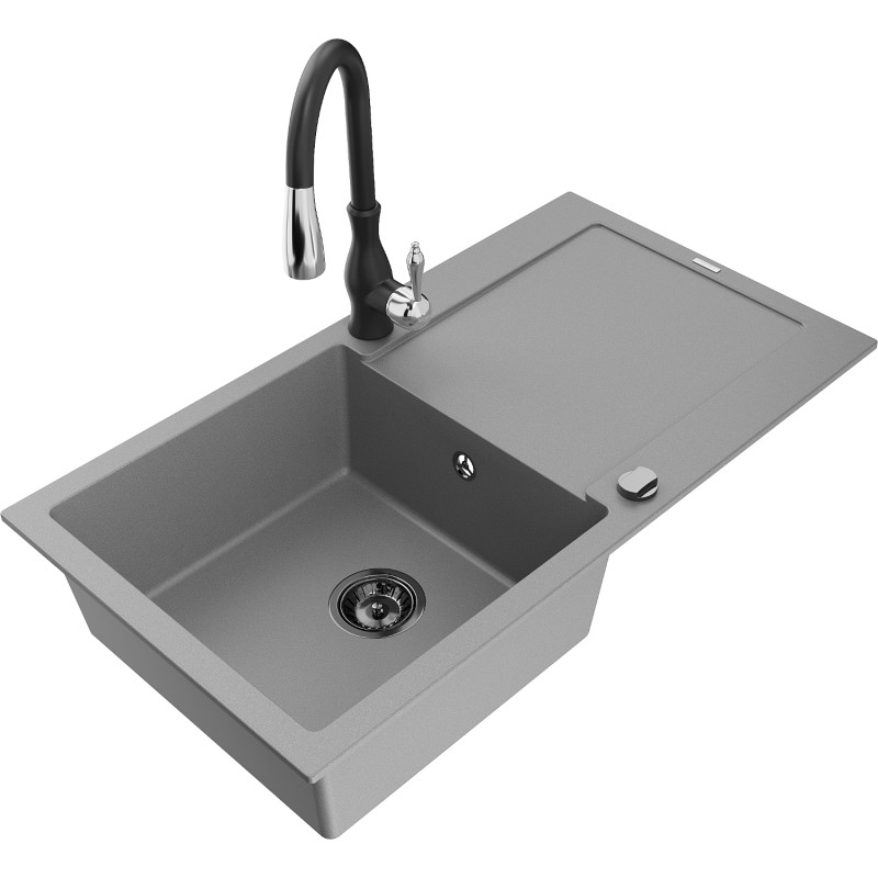 Mexen Leo granite sink 1-bowl with drainer and kitchen faucet Savita, gray - 6501-71-672601-70-B