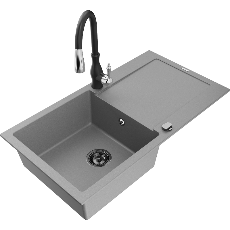 Mexen Leo granite sink single-bowl with drainer and Savita kitchen faucet, gray - 6501-71-672601-70-B