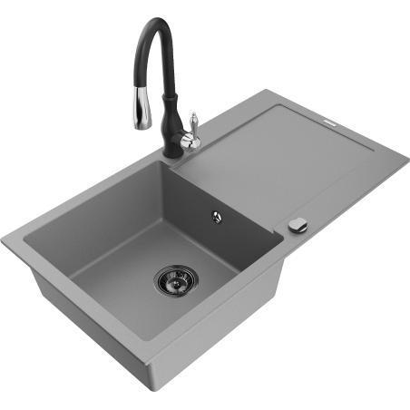 Mexen Leo granite sink single-bowl with drainer and Savita kitchen faucet, gray - 6501-71-672601-70-B