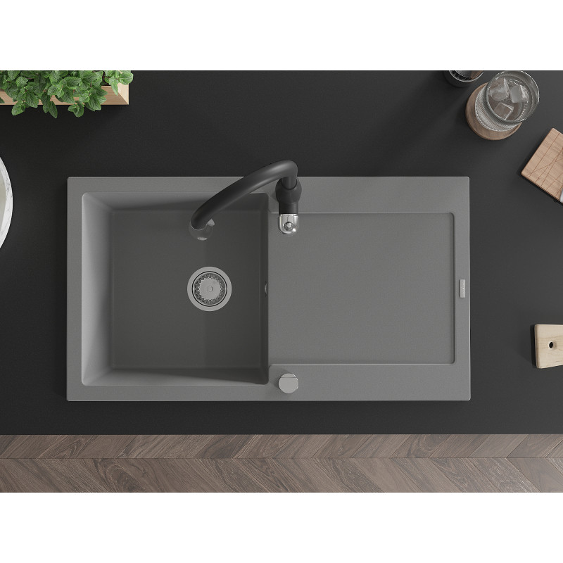 Mexen Leo gray granite kitchen sink single-bowl with drainer and Savita faucet - 6501-71-672601-70