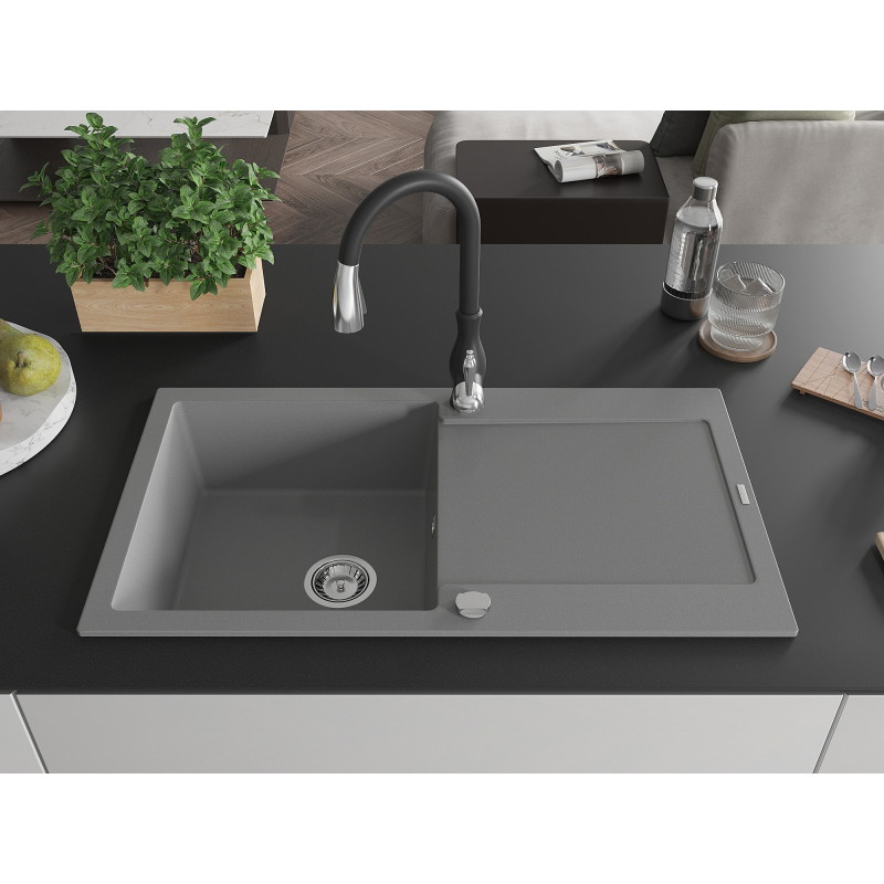 Mexen Leo granite sink 1-bowl with drainer and faucet Savita, gray - 6501-71-672601-70