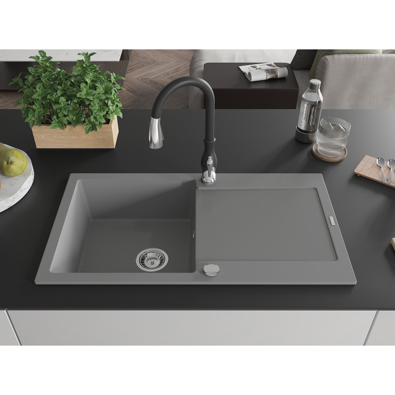 Mexen Leo gray granite kitchen sink single-bowl with drainer and Savita faucet - 6501-71-672601-70