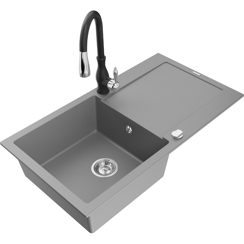 Mexen Leo 1-compartment granite sink with a drip tray and kitchen mixer tap Savita, Grey - 6501-71-672601-70
