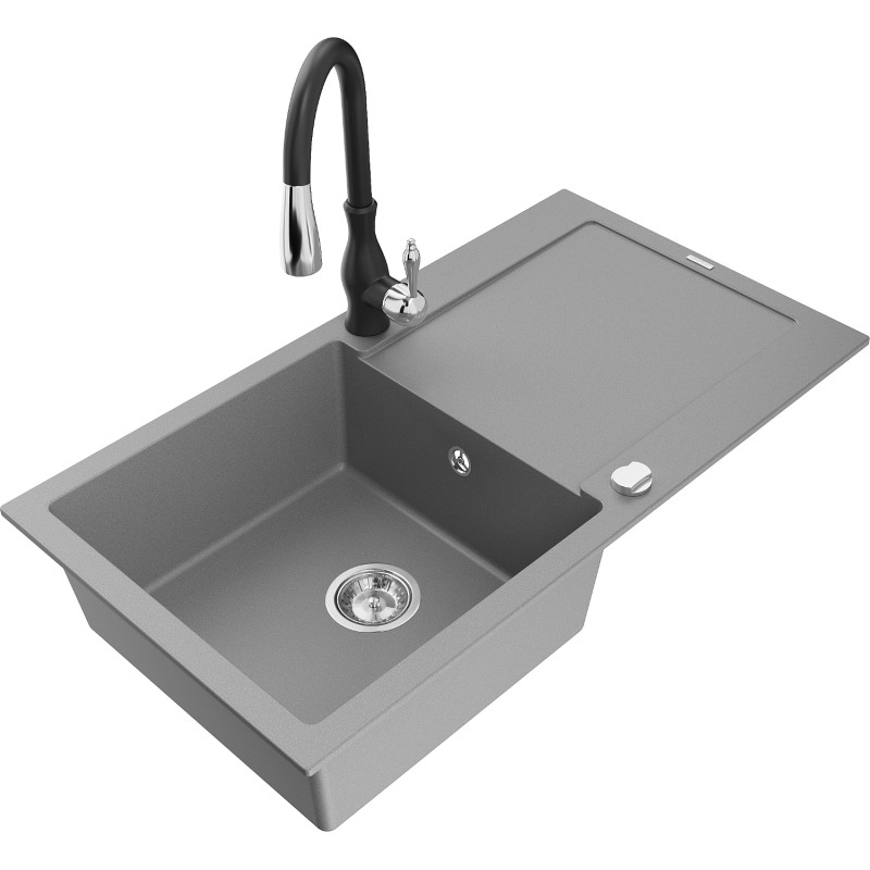 Mexen Leo granite sink 1-bowl with drainer and faucet Savita, gray - 6501-71-672601-70