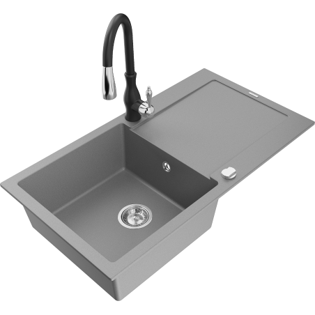 Mexen Leo gray granite kitchen sink single-bowl with drainer and Savita faucet - 6501-71-672601-70