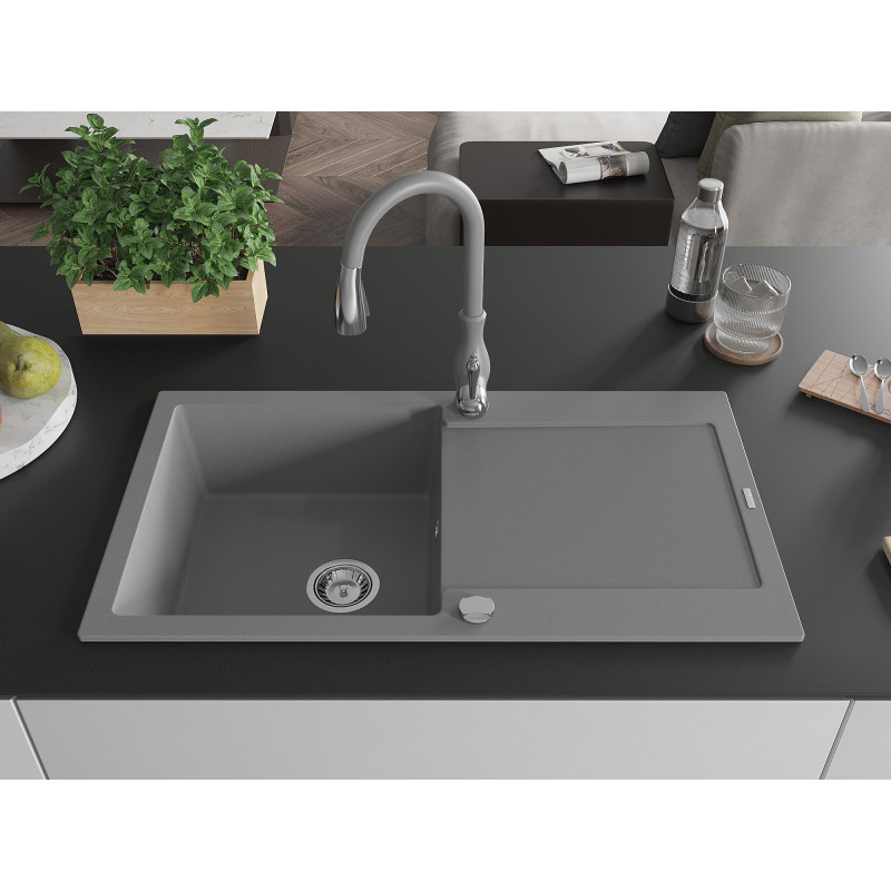 Mexen Leo granite kitchen sink 1-bowl with drainer and Savita kitchen faucet, gray - 6501-71-672601-71