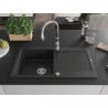 Mexen Leo granite single-bowl sink with drainer and Savita kitchen faucet, black/silver metallic - 6501-73-672601-00