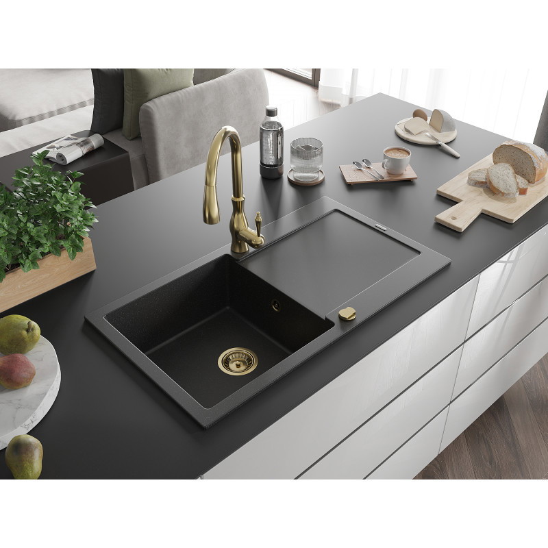 Mexen Leo granite kitchen sink 1-bowl with drainer and Savita kitchen faucet, black/silver metallic - 6501-73-672601-50