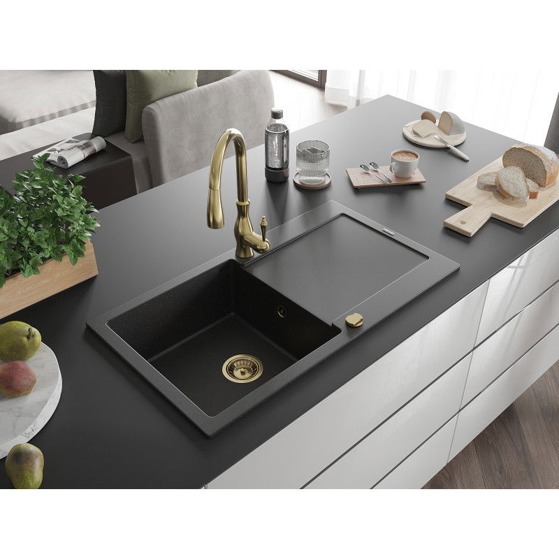Mexen Leo granite sink 1-bowl with drainer and Savita kitchen tap, black/silver metallic - 6501-73-672601-50