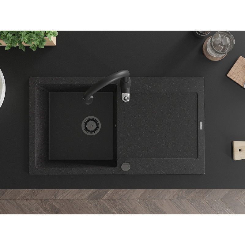 Mexen Leo granite sink 1-bowl with drainer and Savita kitchen tap, black/silver metallic - 6501-73-672601-70-B