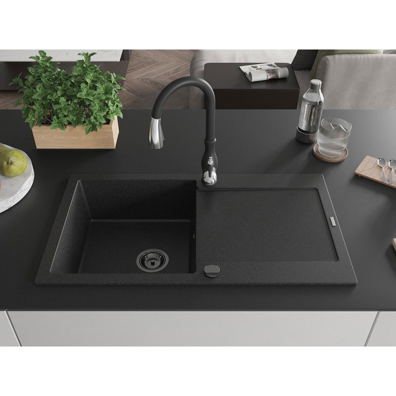 Mexen Leo granite sink 1-bowl with drainer and Savita kitchen tap, black/silver metallic - 6501-73-672601-70-B