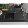Mexen Leo single-bowl granite sink with drainer and Savita kitchen faucet, black/silver metallic - 6501-73-672601-70-B