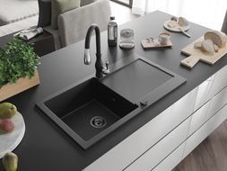 Mexen Leo granite sink 1-bowl with drainer and Savita kitchen tap, black/silver metallic - 6501-73-672601-70-B